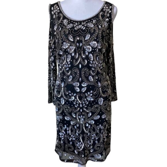 Pisarro Nights Black Evening Dress size 6 Silver Beads & Sequin Overlay - Picture 1 of 11